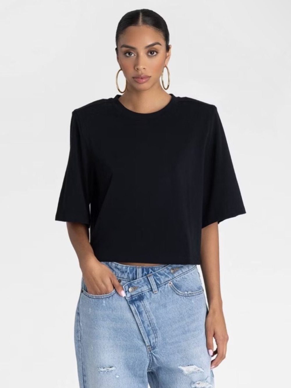 KBB Cropped Black Boxy Tee - Women's Casual Crop Top